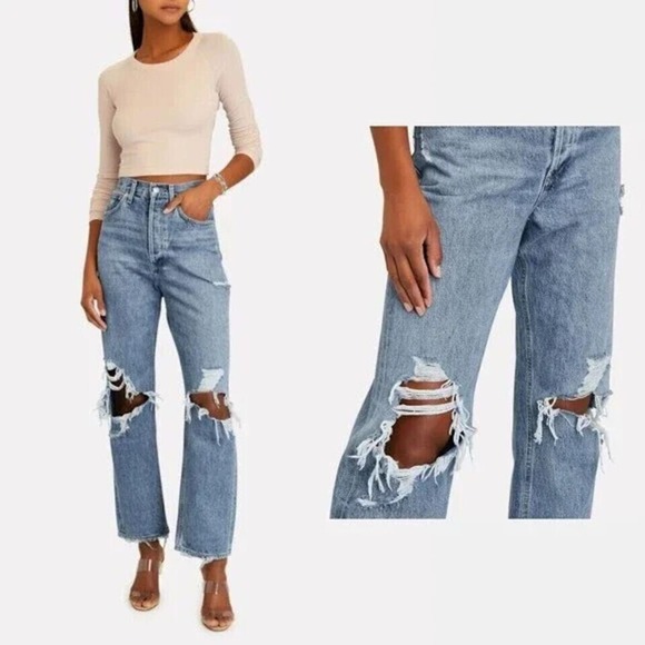 Agolde Denim - Agolde Womens 30 Blue 90's Jean High Rise Straight Leg Distressed Button Up